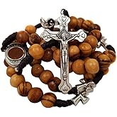 TALISMAN4U Olive Wood Catholic Rosary Prayer Beads with Jerusalem Holy Soil Centerpiece & Certificate Blue Velvet Rosary Pouch