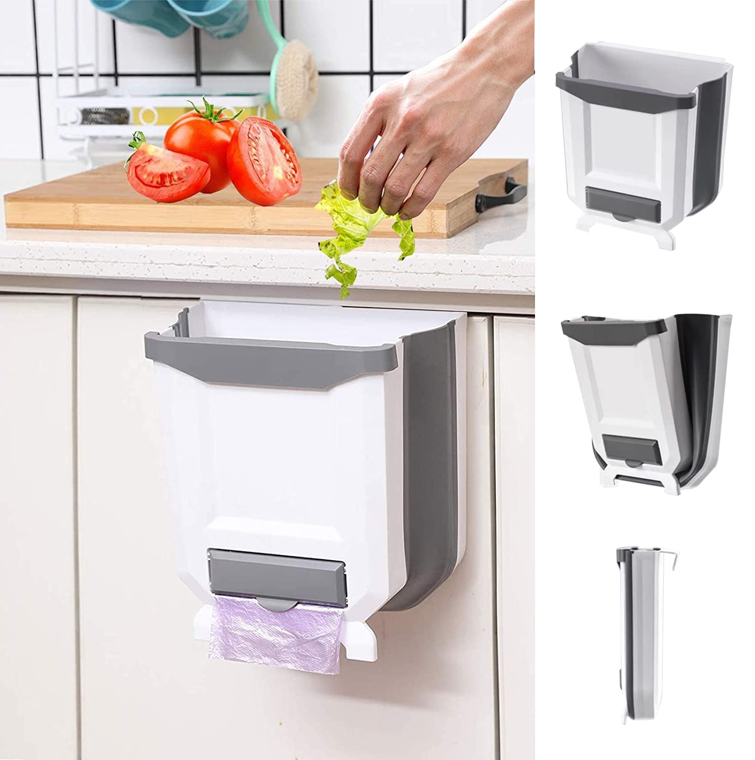 Photo 1 of WDPUCHU Hanging Kitchen Trash Can, Foldable Waste Bin for Kitchen, Collapsible Hang Small Plastic Garbage Can 2.4 Gallon for Cabinet/Car/Bedroom/Bathroom (White)