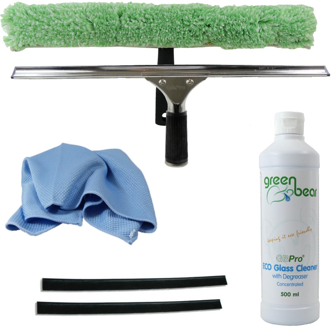 GBPro Professional Window Squeegee Stainless Steel Wiper 45cm/18 inches + T Bar & Micro Wash Sleeve, Concentrated Eco Glass Cleaner 500ml, Fishscale Micro Glass cloth, Rubber Blades — image 1