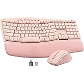 Pink Quiet Wireless Keyboard and Mouse Combo, 2.4G Ergonomic Wave Key Board with Cushioned Plam Rest, Full-Size Soft Typing Keyboards, 3 DPI Adjustable Silent Mouse for Computer/Laptop/Windows/Mac