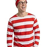 YJCOS Red and White Striped Shirt Outfits Halloween Long Sleeve T-shirt with Hat Glasses Suits