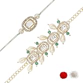 I Jewels Kundan &amp; Pearl Bhaiya Bhabhi Lumba Rakhi Bracelet Set with Roli Chawal and Rakshabandhan Card
