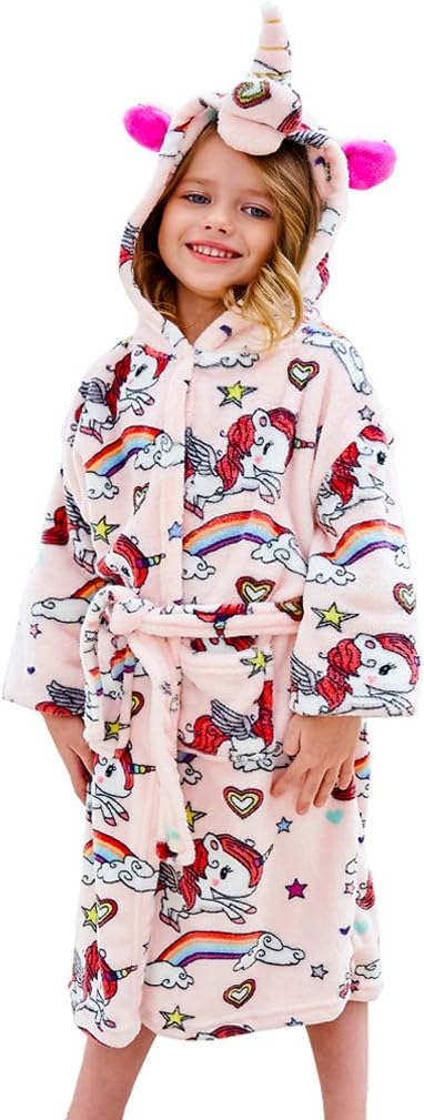 Girls Boys Bathrobes,Toddler Kids Coral Fleece Hooded Robe Sleepwear for Girls