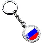 Ruoming 1 National Flag Keychain With Rhinestones, Glass Dome Pendant, Silver Metal Chain