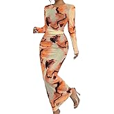 Narecte Fall Dresses for Women Bodycon Long Sleeve Casual Dresses Elegant Maxi Dress Tie Dye Mesh Formal Dress