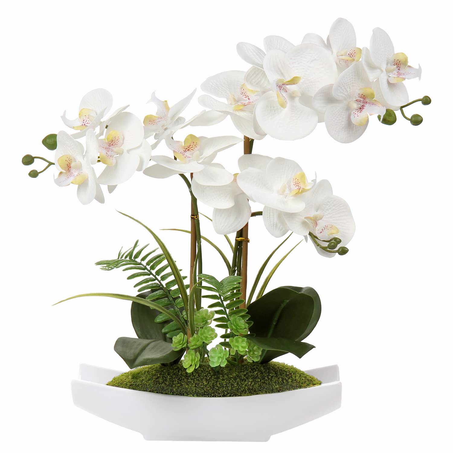 Briful White Orchid Artificial Flowers in Pot - Fake Orchid White Silk Phalaenopsis Flower Arrangement - Artificial Orchid Plant Indoor for Home Office Kitchen Bedroom Wedding Decor