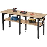 SPECRAFT 72 x 24-Inch 2-Tier Adjustable Workbench | 6000 Lbs Capacity, Rubber Wood Top, 4 AC Outlets and 2 USB Ports, for Garage, Workshop and Office