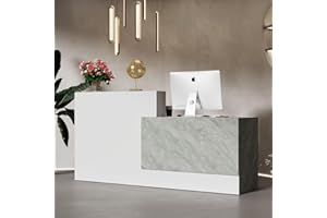 FAMAPY Reception Desk with Shelves, Modern Reception Table with Storage, Front Counter Checkout Table Retail Counter for Lobby Shop, White and Grey, 23.6”D x 86.6”W x 43.3”H