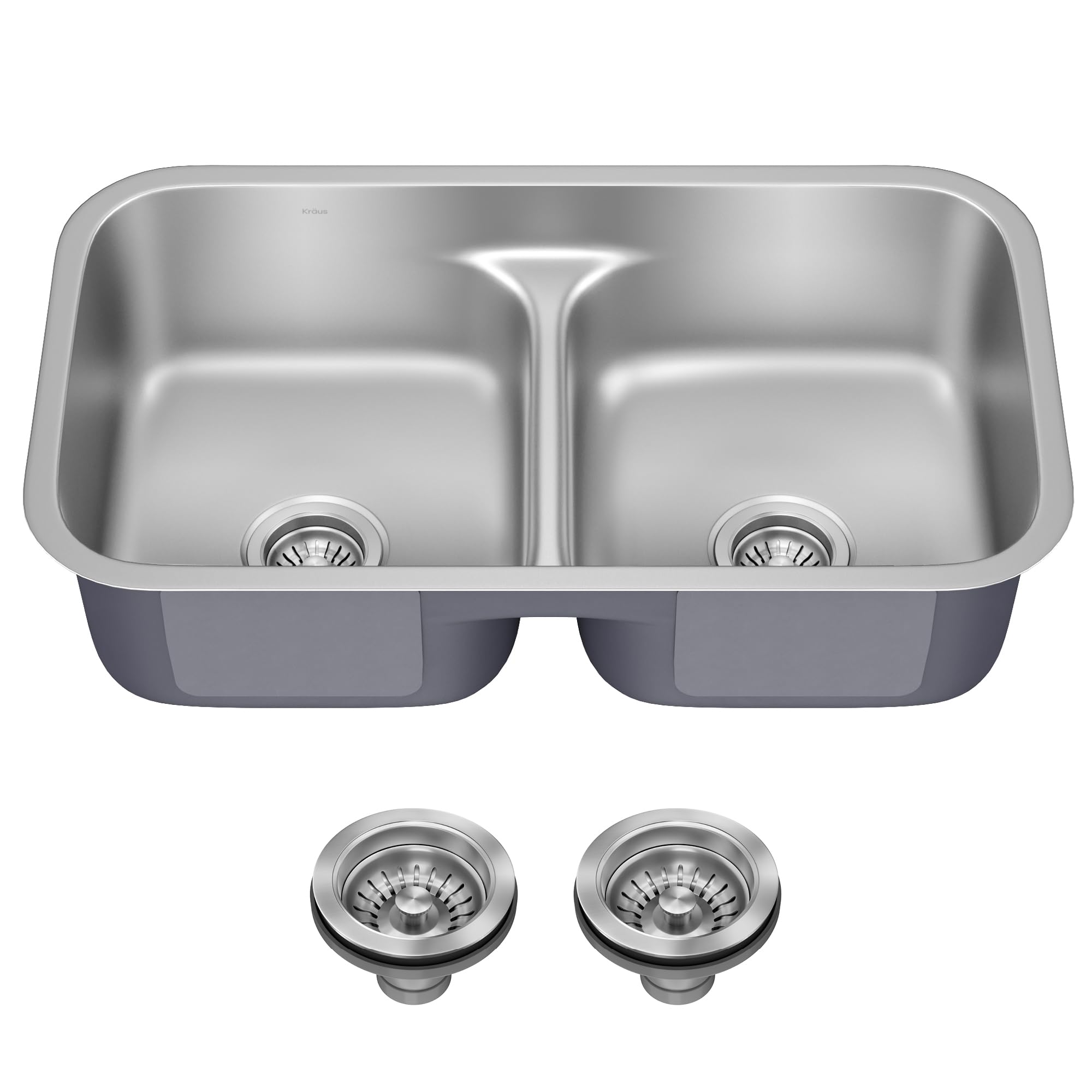 KRAUS Premier 32-inch Undermount 50/50 Double Bowl Low Divider 18-Gauge Stainless Steel Kitchen Sink with Strainers (x2), KBU32 Image KRAUS Premier 32-inch Undermount 50/50 Double Bowl Low Divider 18-Gauge Stainless Steel Kitchen Sink with Strainers (x2), KBU32 Image