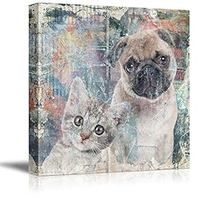 Square Cat Series Canvas Wall Art - A Kitty and a Pug on Colorful Background - Giclee Print Gallery Wrap Modern Home Art Ready to Hang - 12x12 inches