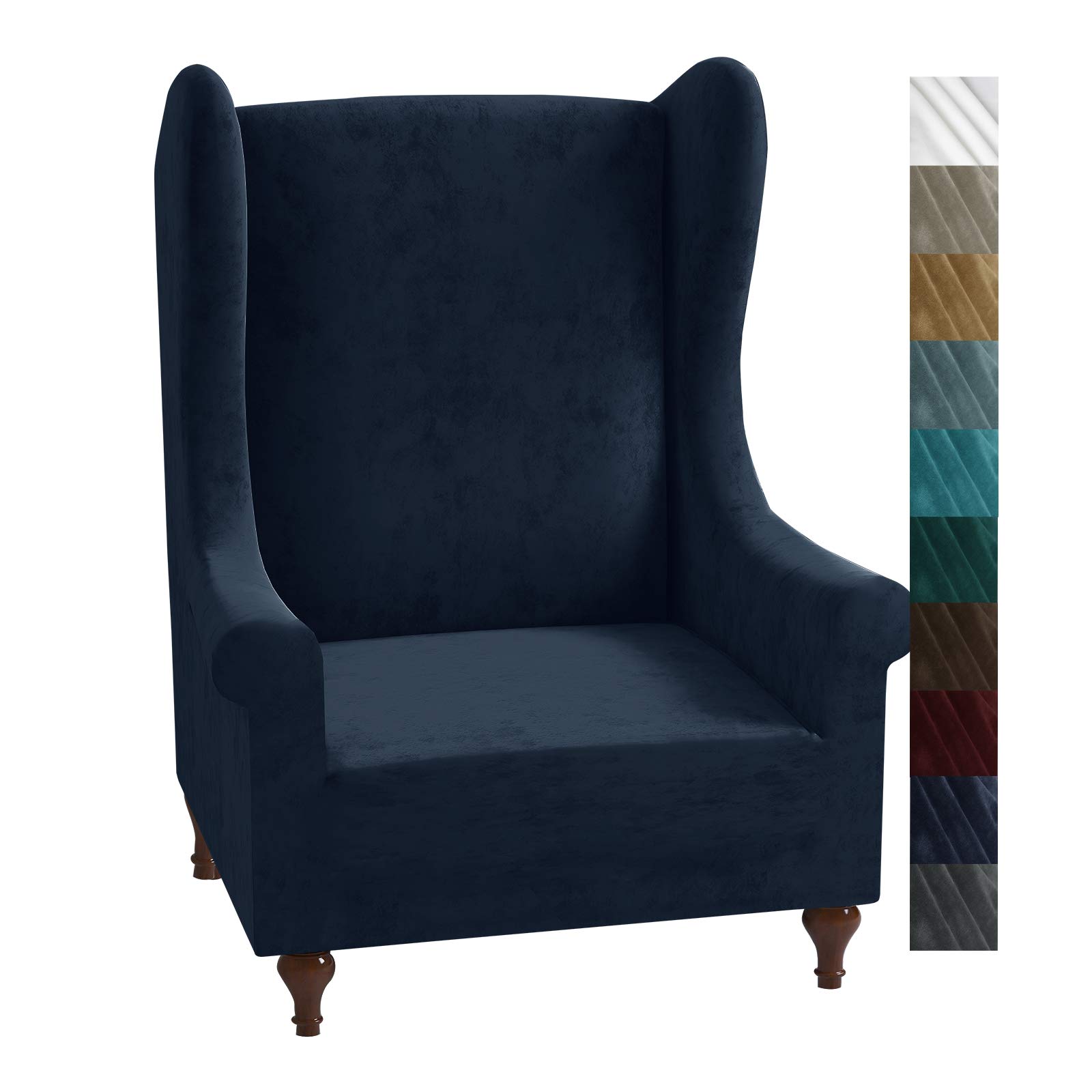 XINEAGE 1 Piece Velvet Wingback Chair Slipcover Stretch Wing Chair Cover Non Slip Furniture Protector with Foam Rods for Living Room (Wingback Chair, Navy)