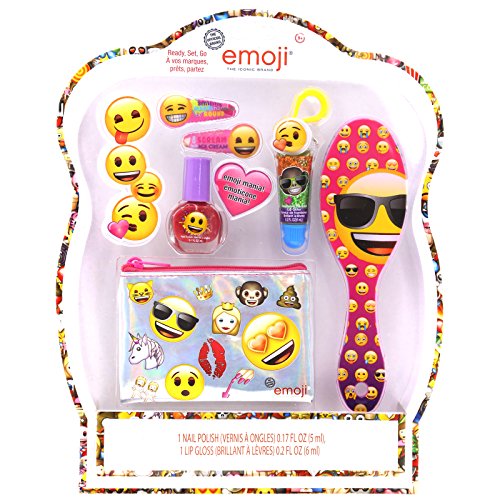 TownleyGirl Emoji Cosmetic Set with Nail Polish, Lip Gloss, Hair Clips, Brush, Key Chain and Zippered Bag