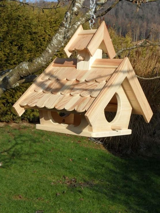 Arbrikadrex Vogelhaus Futterhaus Lärchenholz Futterhäuschen mit Futtersilo zum Hängen und Stellen