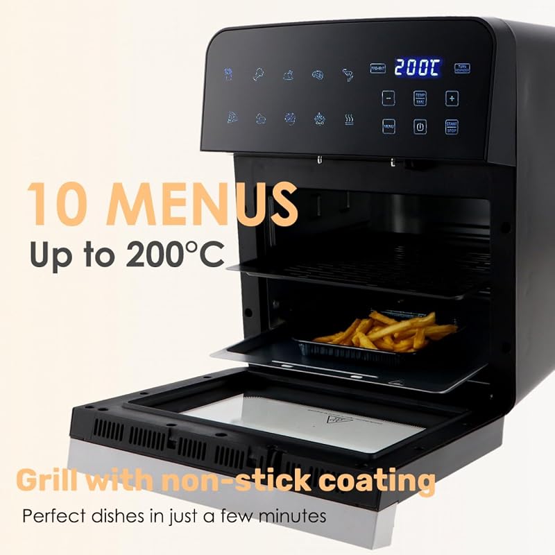 – Air Fryer Vera Touch 10L, Freidora de Aire sin Aceite, 1800W, 10 Menús Digitales, Pantalla Táctil, Función Grill, Temporizador regulable, 2 niveles, Temperatura 80-200°C, Cocina Saludable