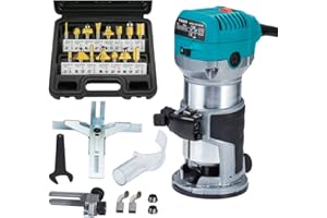 Anesty Compact Router with Trimmer/Fixed Base, Variable Speed Trim Router Palm Router Laminate Trimmer, 1/4" 710W Electric Wood Router Tool Kit with 15 Router Bits for Woodworking