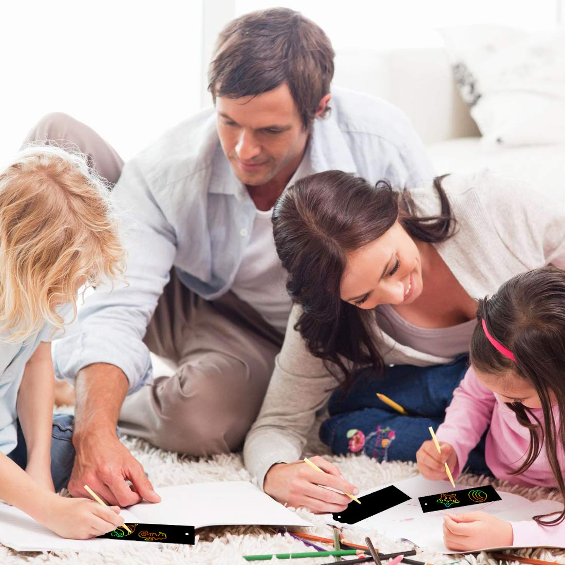 KOMIWOO Scratch Rainbow-Bookmarks, Magic Scratch Paper Art Bookmarks DIY Gift Tags with Satin Ribbons, Wood Stylus, Rope, Storage Bag for Kids Party and Arts & Craft Activity