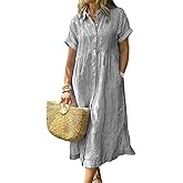 chouyatou Women's Summer Striped Midi Long Shirt Dress Casual Loose Short Sleeve Button Down Dress