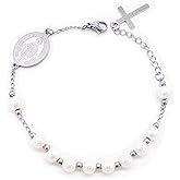 WIOY Virgin Mary 6mm Cultured Pearl Rosary Cross Bead Charm Link Chain Bracelet for Women