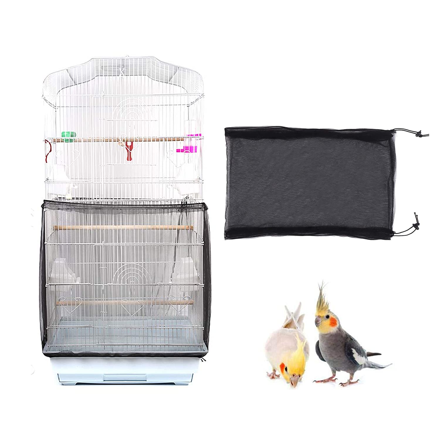 TSHAOUN Universal Birdcage Cover, Seed Catcher Nylon Mesh Parrot Cage Skirt, Tidy Bird Cage Mesh Net Cover Skirt Guard, Ventilate Dustproof (L, Black)