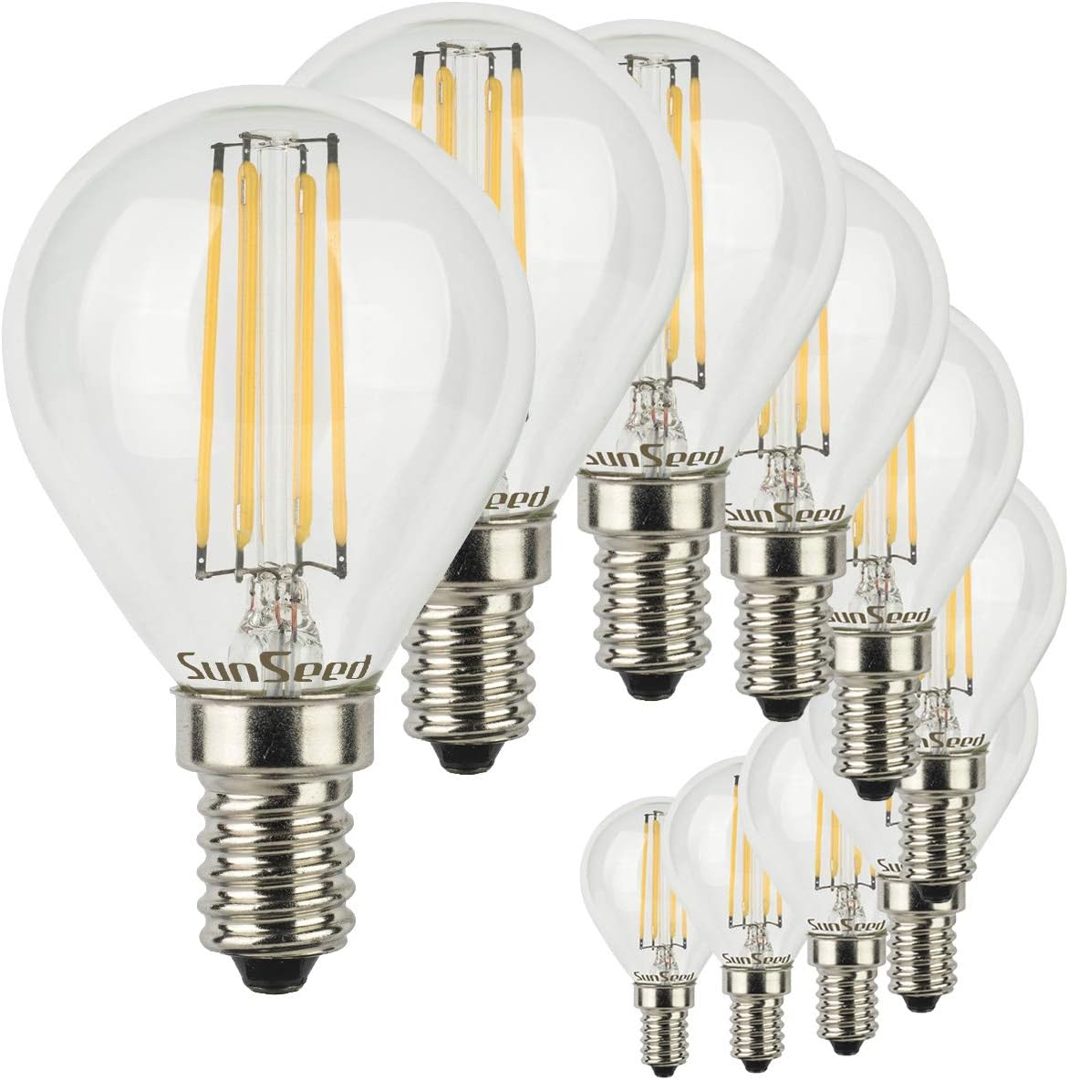 SUNSEED, Two-Year Guarantee, 10 X E14 5W (Equivalent to 50W) Sapphire Filament LED Golf Ball Light Bulb G45 AC220-240V Warm White 2700K 550 Lumens 300° Driver IC No Flicker
