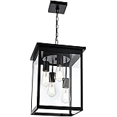 TODOLUZ Large Outdoor Pendant Light Fixtures, 4-Lights Black Exterior Ceiling Hanging Lanterns with Clear Glass, Farmhouse Ou