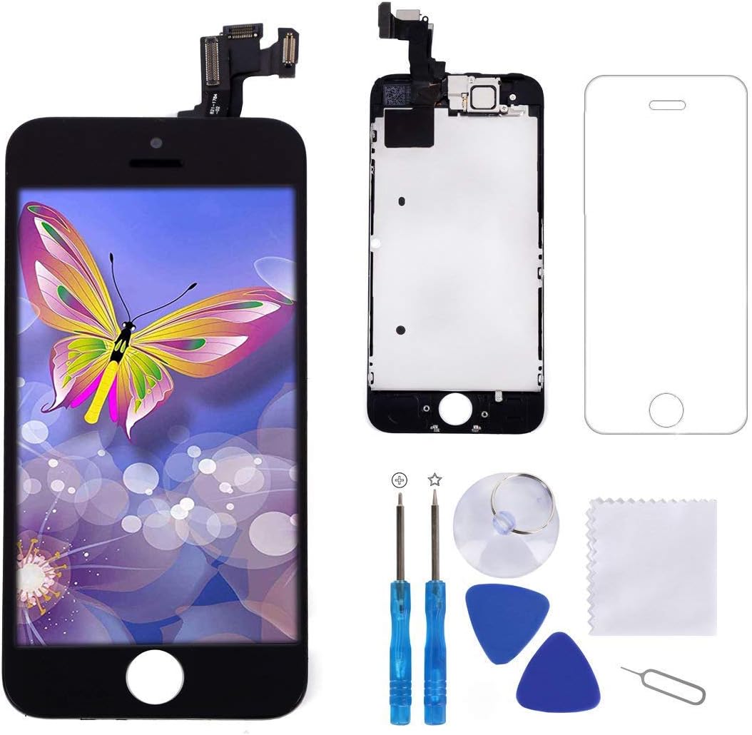 Screen Replacement for iPhone 5S Black 4.0" Inch LCD Display Screen Touch Digitizer Frame Assembly Full Repair Kit,with Proximity Sensor,Ear Speaker,Front Camera,Screen Protector,Repair Tools