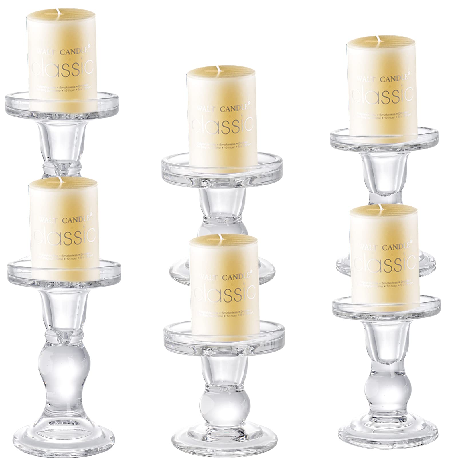 Okllen Set of 6 Glass Candle Holders, Clear Pillar Taper Candlestick Crystal Tealight Candle Holder Stand for Dinner Table, Wedding Centerpieces, Living Room, Home Decor