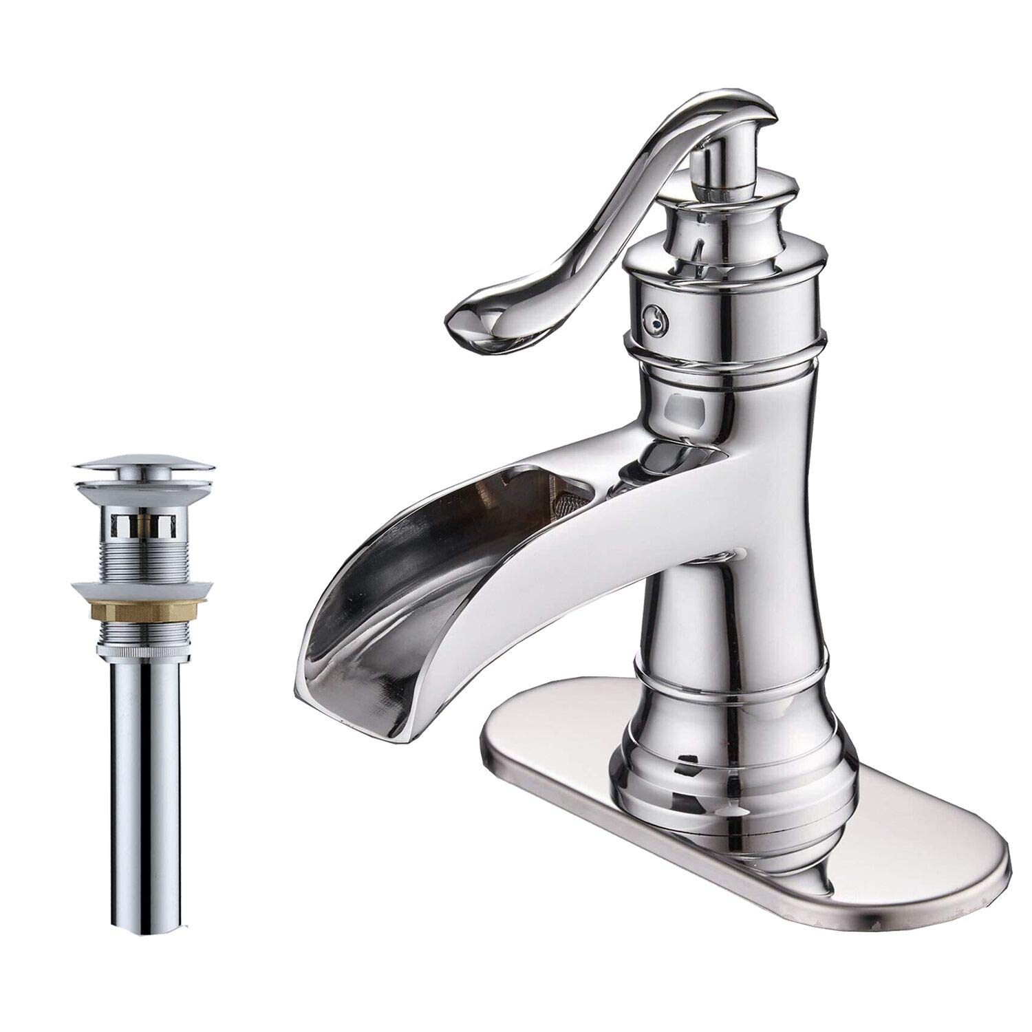 BWE Waterfall Bathroom Sink Faucets Commercial Single Handle Hole Lever Faucet Chrome Matching Pop Up Drain With Overflow