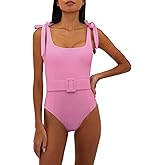 Saodimallsu Womens Sexy One Piece Bathing Suit High Cut Knit Square Neck Tied Strappy Swimsuit with Belt