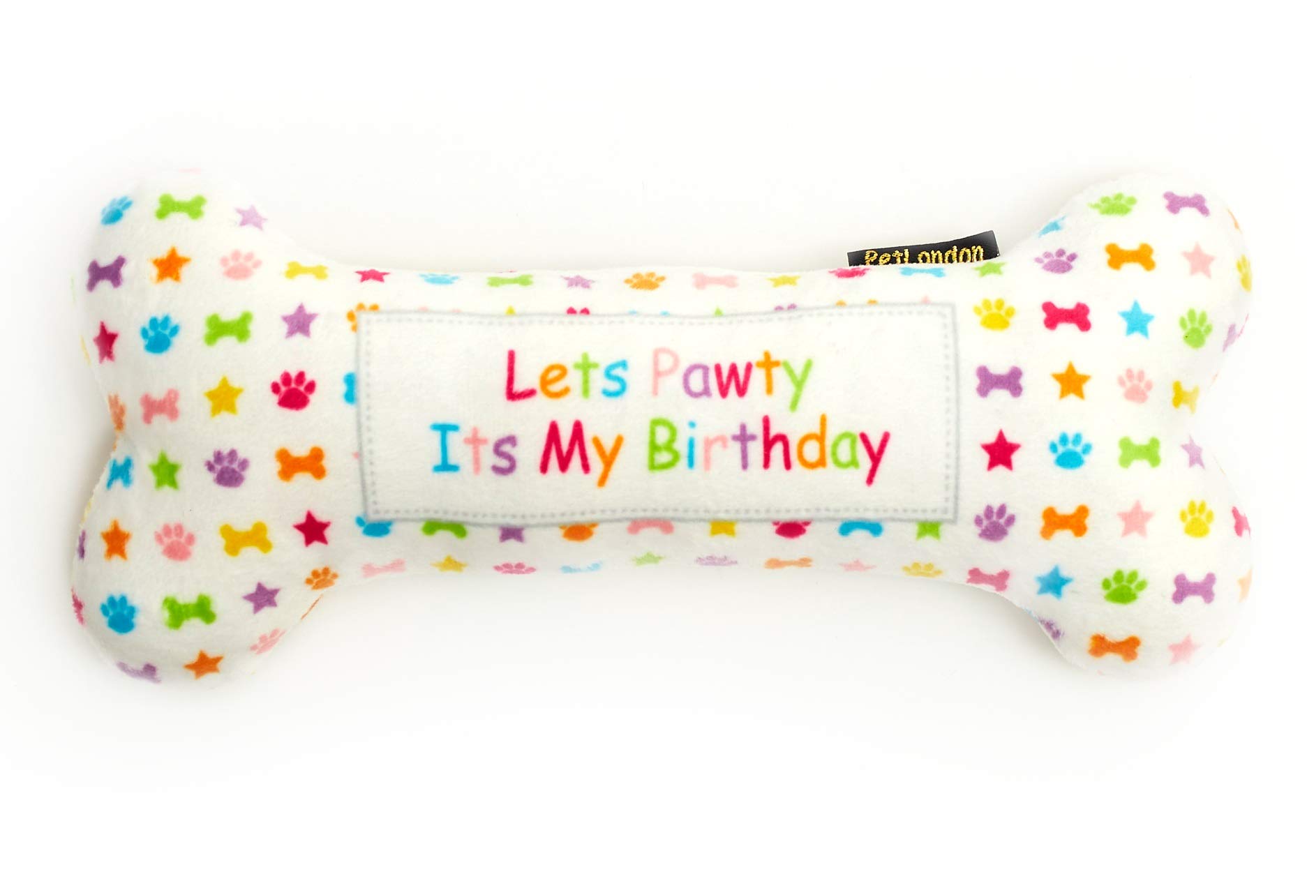 Pet London Birthday Bone Dog Toy - Celebrate Your Dog's Birthday - Plush Rainbow Pattern Dog Bone-great gift for dogs, perfect bday present