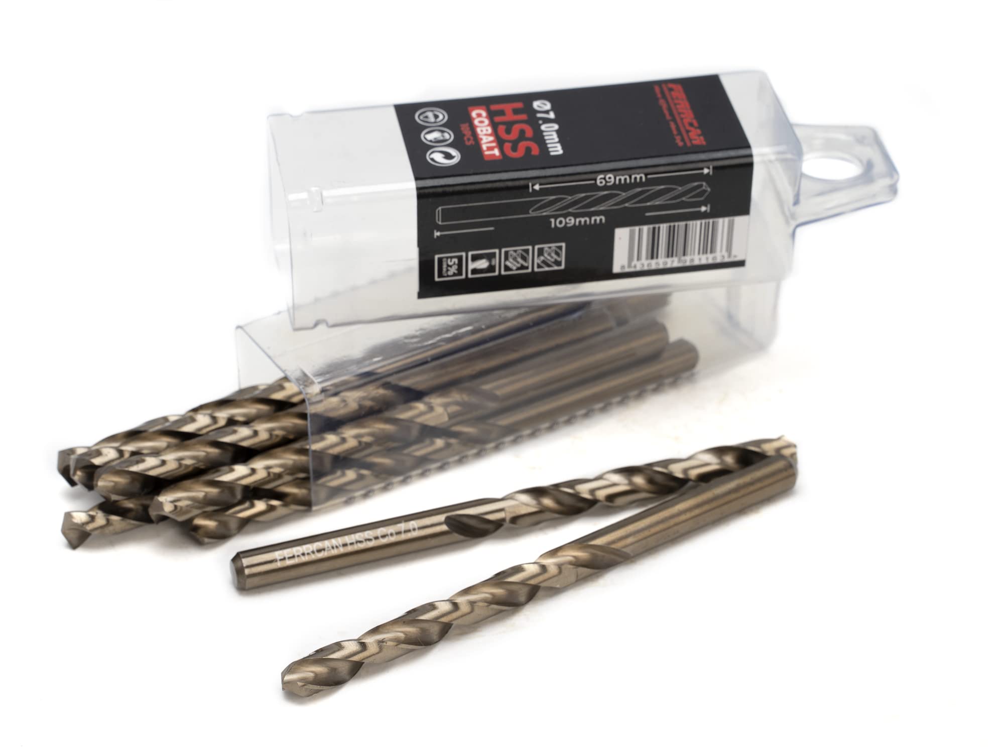 Ferrcan HSS DIN338 M35 5% Cobalt Metal Drill Bits for Drilling in Stainless Steel, Iron and Other Metals (Pack of 10) (7mm)