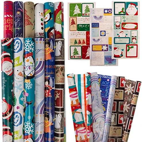 Gifts Plus (12 Rolls) Christmas Wrapping Paper + 100 Small Holiday Gift Tags Stickers, Premium Quality Gift Wrap Paper, Gift Wrapping Paper Kit With Reversible Sheets, Variety Bulk Set, Wholesale