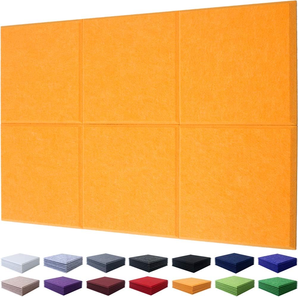 Sound Absorber Panels Orange Polyester Sound Proof Padding Acoustic Treatment Panels, Multiple Colors, Beveled Edge, 12'' X 12'' X 3/8'', 6 Pack