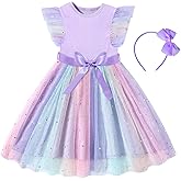 Toddler Baby Girl Tulle Dress Rainbow Tutu Princess Dress Sequin Ruffle Sleeve Sundress for Birthday Party 2-6Y