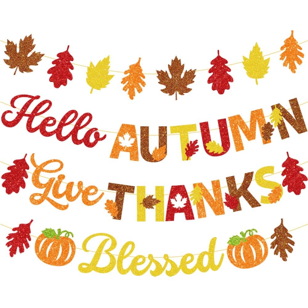 Autumn Decorations,Hello Autumn Orange Bunting Banner 4 PCS,Give Thanks Blessed Pumpkin Maple Leaves Banner Flags For Fall Halloween Thanksgiving Home Garden Outdoor Party Decoration