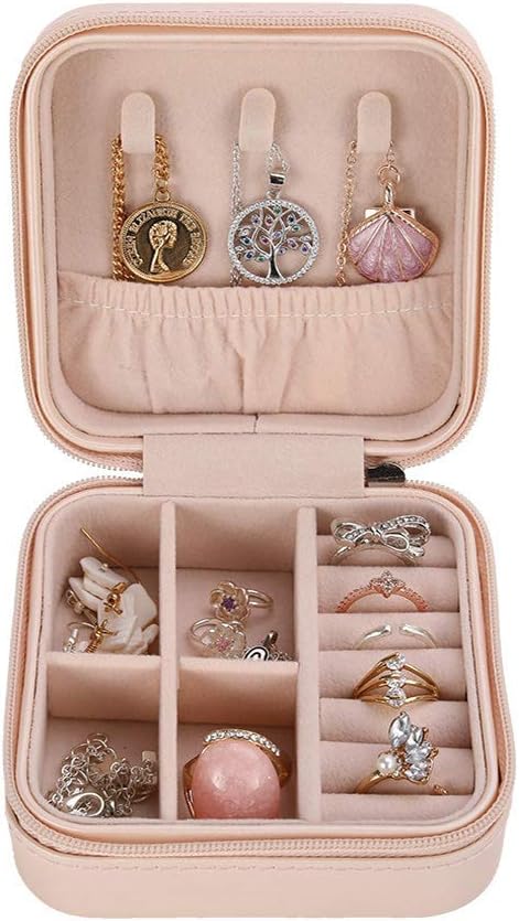 Jewellery Box Travel Jewellery Organizer, Faux Leather Jewellery Storage Case Display Box for Earrings, Necklaces, Rings, Bracelets Gift Organizer (Bare Pink)