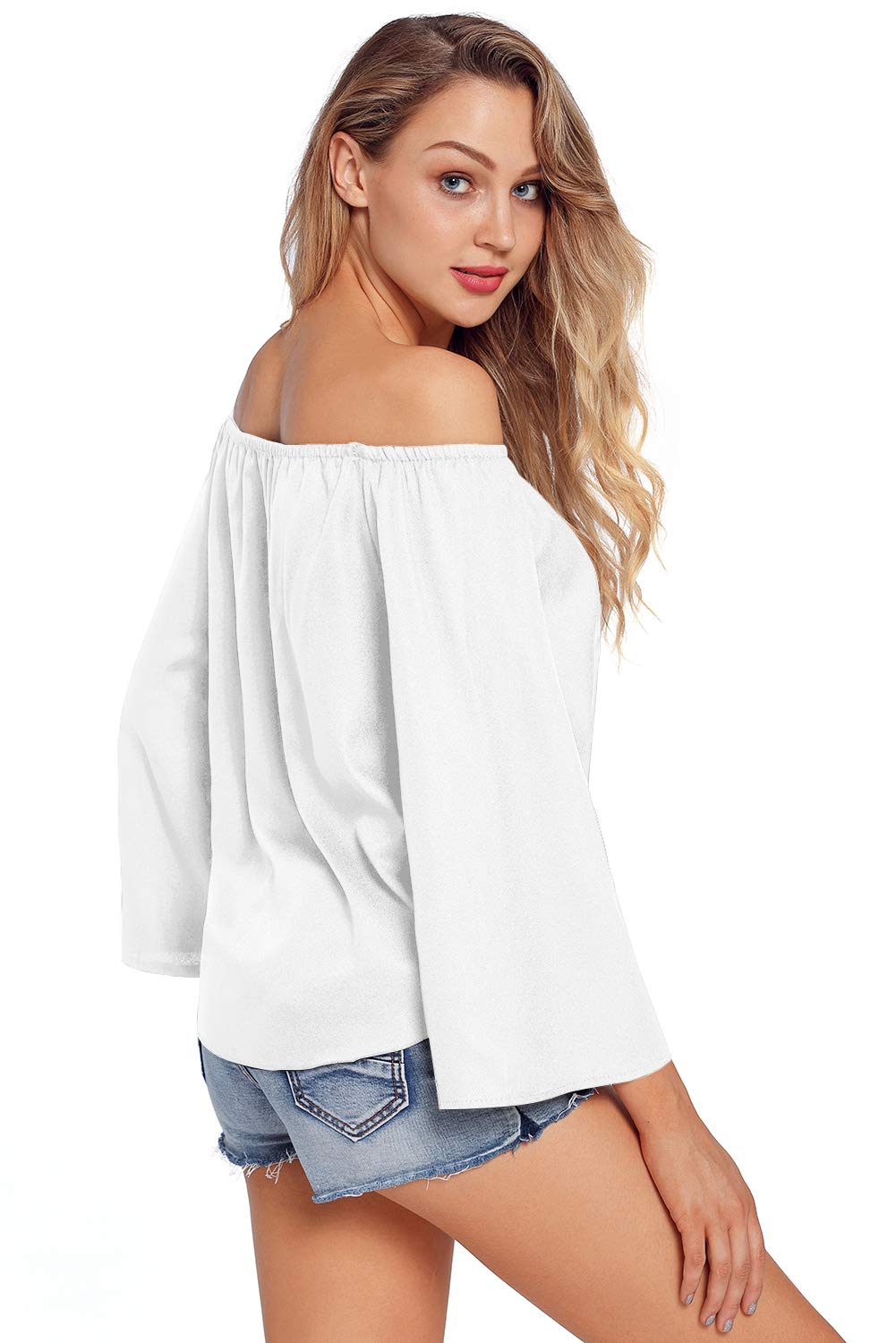 Chirps Women Off Shoulder Tank Tops T Shirts Short Bell Sleeves Casual Sexy Tee Front Tie Knot Blouses