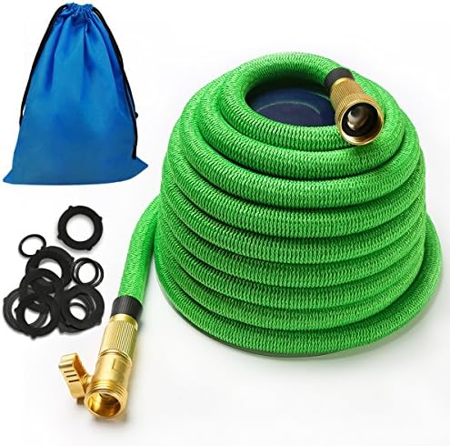 Iserlohn 50 Feet Expandable Garden Hose with 12 Pack Washer, Strong Flexible Water Hose with Triple Layer Latex Core, Solid Brass Connectors, Green