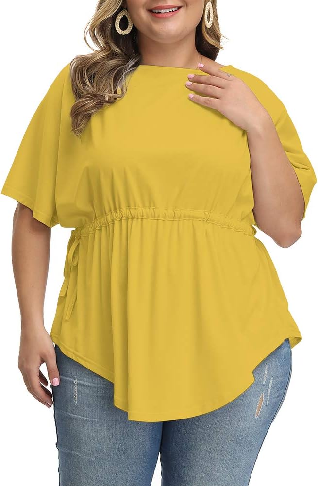 Allegrace Women's Plus Size Tops Casual Drawstring Summer Short Sleeve Irregular T Shirts