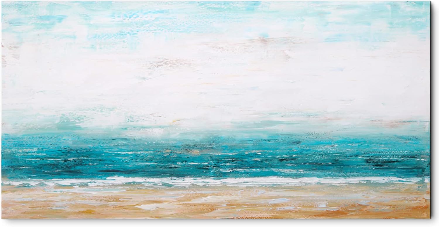 Paintings - Teal Abstract Wall Art Canvas Oil Paintings Abstract Ocean Beach Picture Hand Painted Textured Blue Coastal Wall Decor Minimalism Seascape Artwork Framed for Living Room Office Home Decorations 24x48”