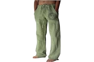 WENKOMG1 Mens Cotton Linen Pants,Wide Leg Drawstring Closure Pull On Trousers Loose Fit Baggy Lounge Wide Leg Bottoms
