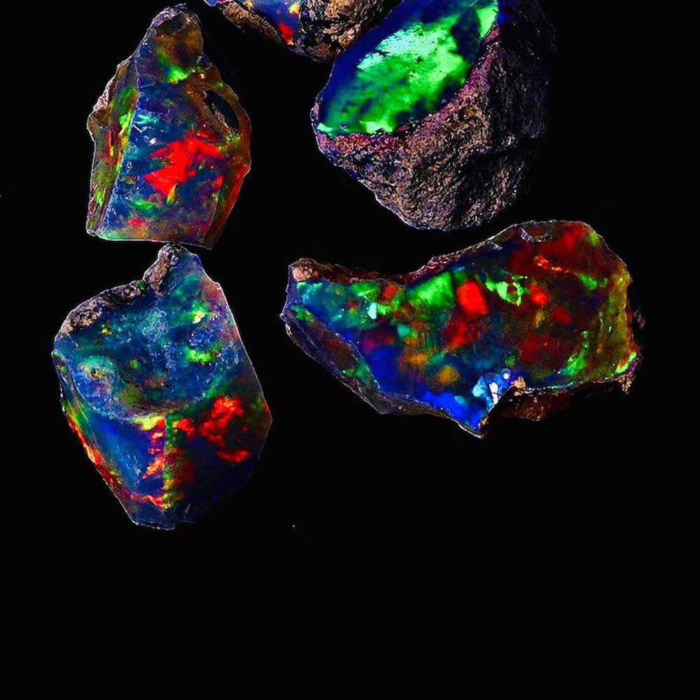 Black Opal Rough Gemstone AAAA+ Grade Certified 5 Pcs – Natural Ethiopian Welo Fire Opal Stone, Handpicked Multi-Color Flash Raw Opals for Jewelry Making, Tumbling and Healing