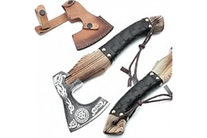 FH TRADERS Viking Axe Ashwood Handle Handmade Carbon Steel Blade, Outdoor Camping Hunting, Norse Hatchets Axes, with Black Leather Wrapped Handle & Leather Sheath Wood Splitting Axes