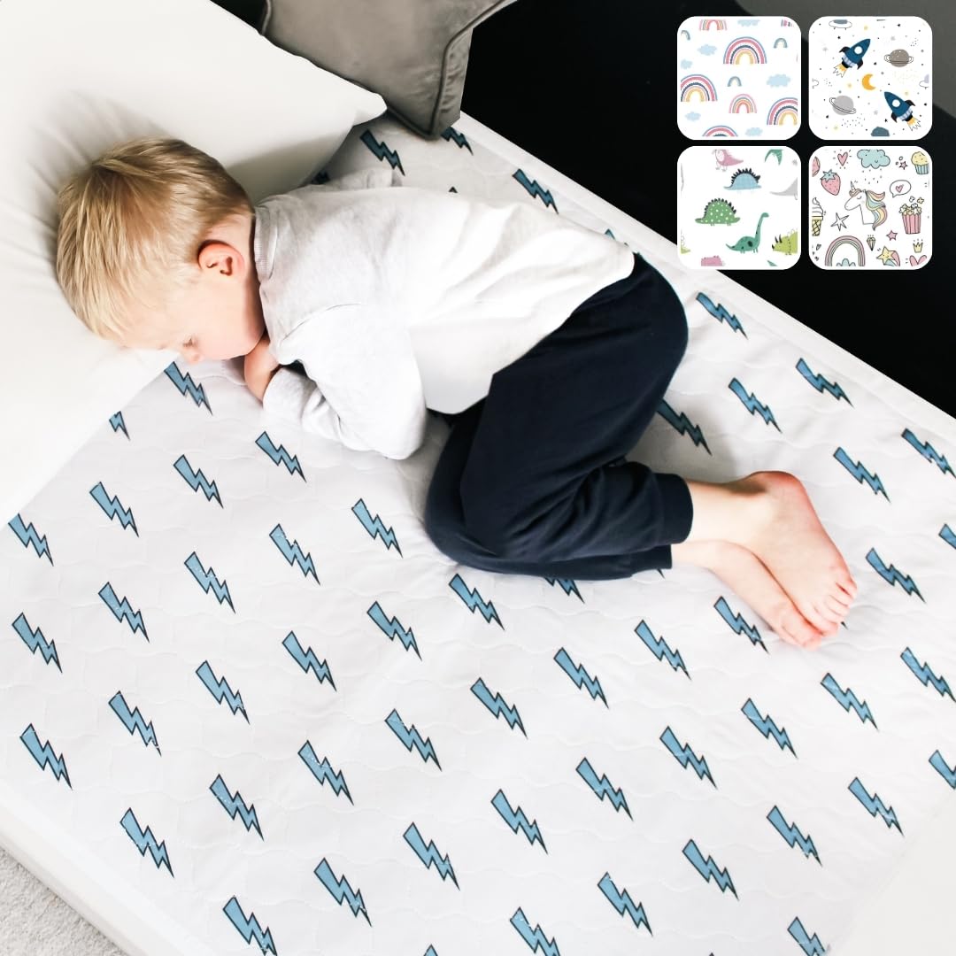 Hygge Sheets® Potty Training Bed Pads | 100% Waterproof | Bed Wetting Sheets for Single and Toddler Beds | Non Slip, Easy to Change at Night | Includes Free Children's E-Book | UK Brand | Lightning