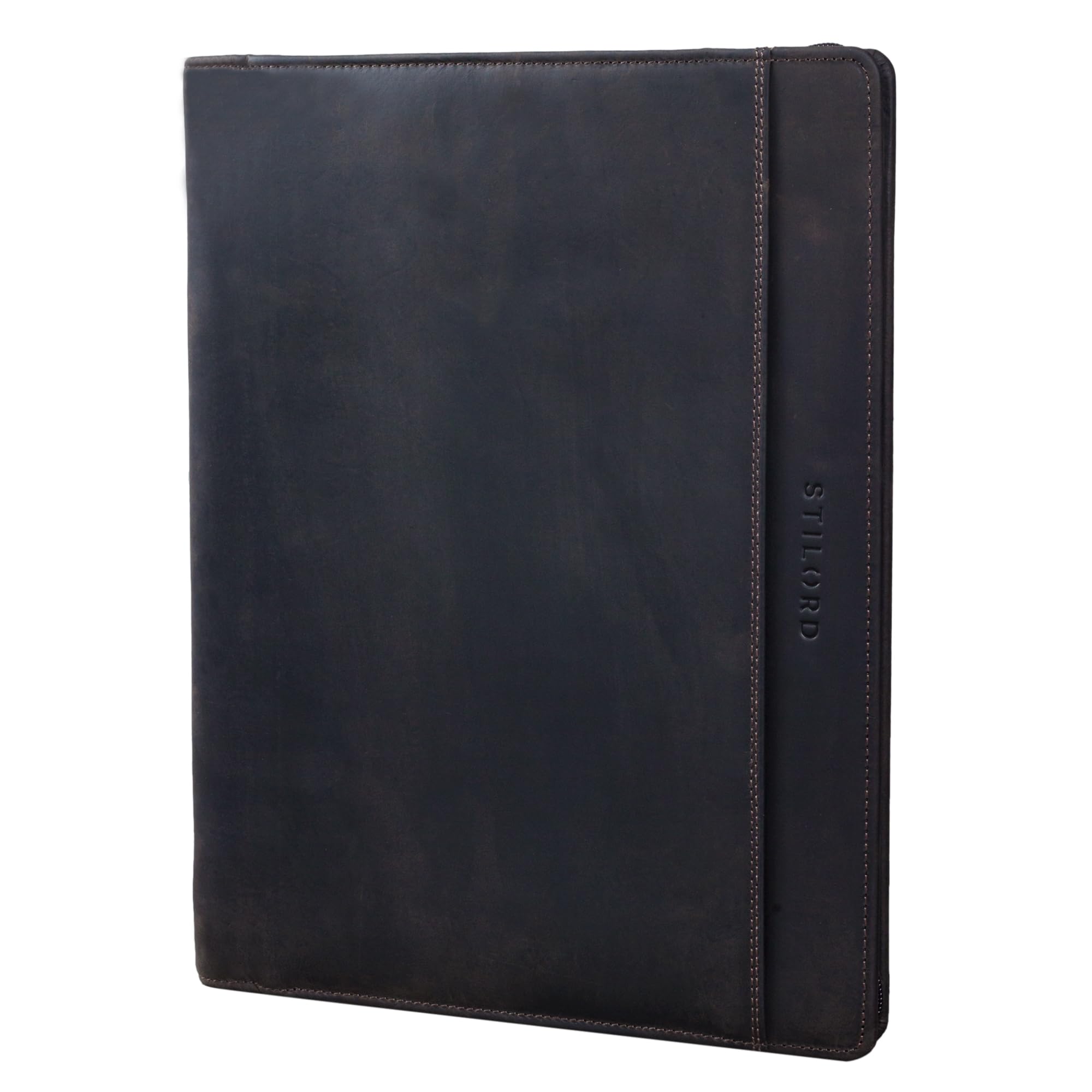 STILORD "Josh" Leather Conference Folder A4 Vintage Business Map with Zip and Ring Binder Portfolio Document Folder for 13,3 Inch MacBooks Colour:Dark - Brown