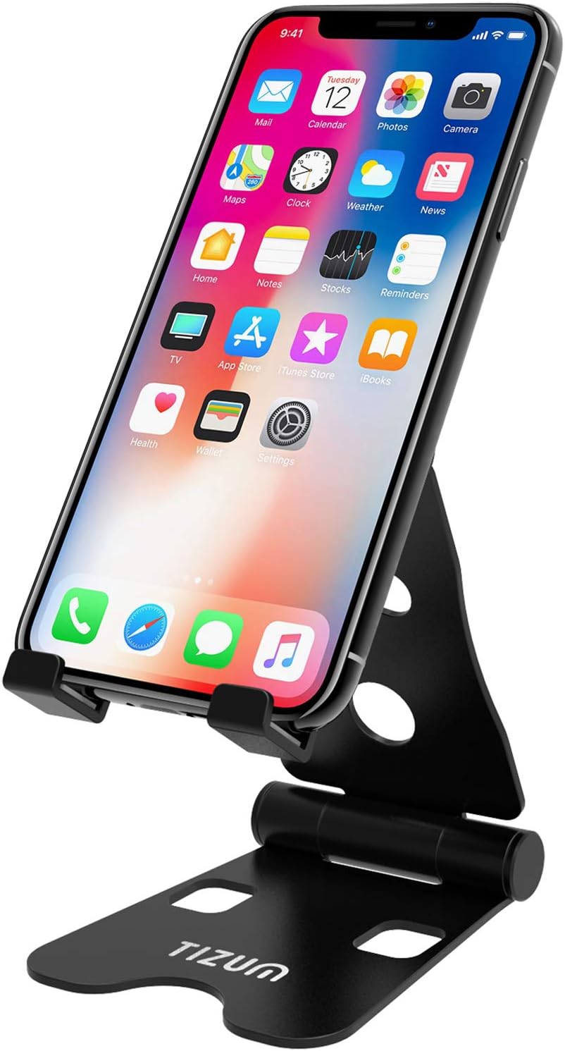 Tizum Z46A Anodized Aluminium Adjustable Foldable Mobile Phone Stand Holder for All iPhone, Tablet and Smartphones (Black)