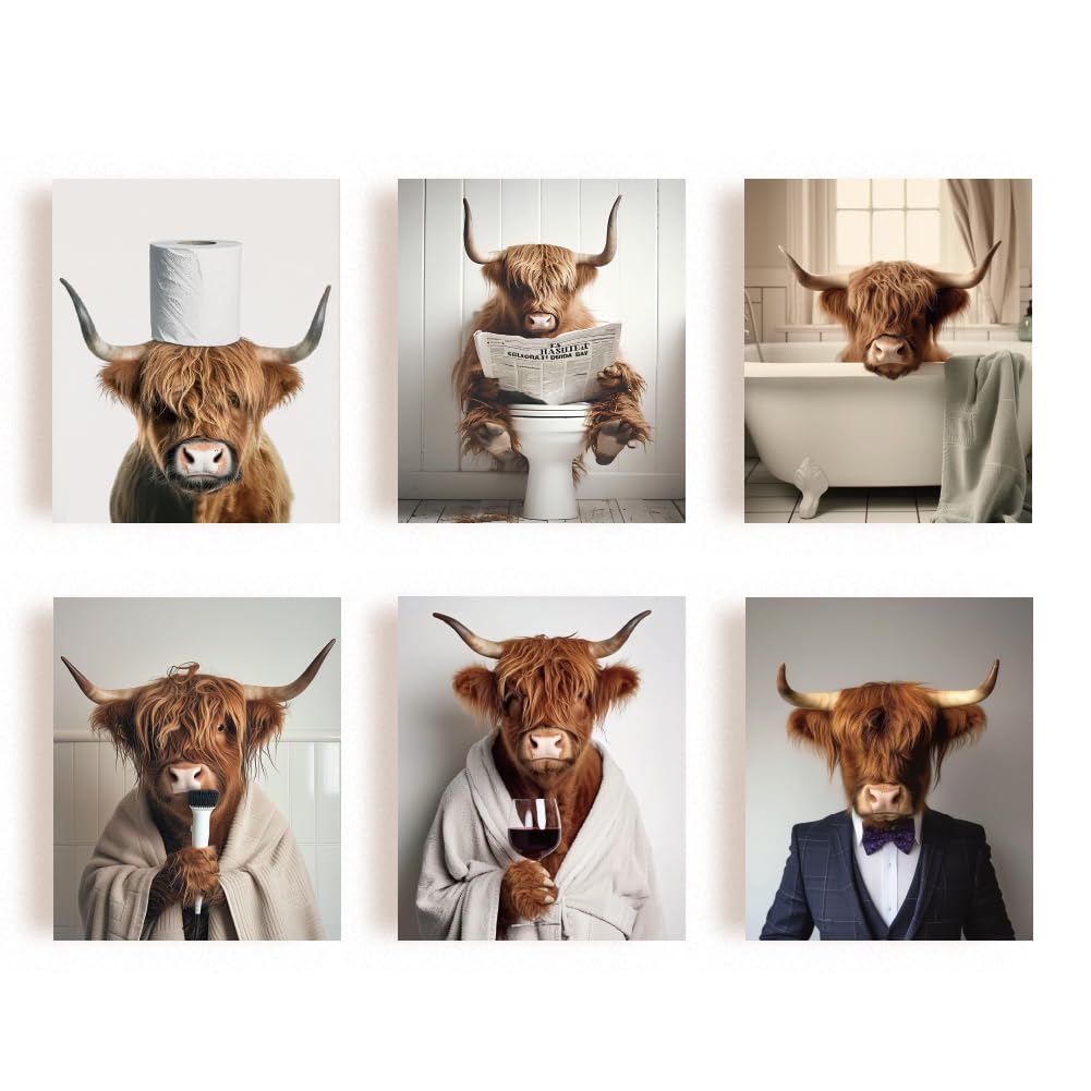 SUPERDANT 6 Pcs Highland Cow Wall Art Canvas Bathroom Wall Pictures Modern Toilet Canvas Pictures Highland Cow Print Paintings for Living Room Kid's Bathroom Toilet Decoration Unframed
