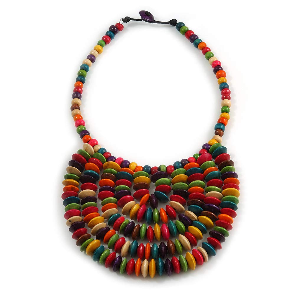 Avalaya Statement Multicoloured Wood Bead Bib Necklace - 44cm Long/ 10cm Drop