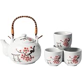 Urban Tokyo Japanese Cherry Blossom Torii Gate Design Tea Set, 22 oz Ceramic Teapot with 4 Cups, White with Bamboo Handle