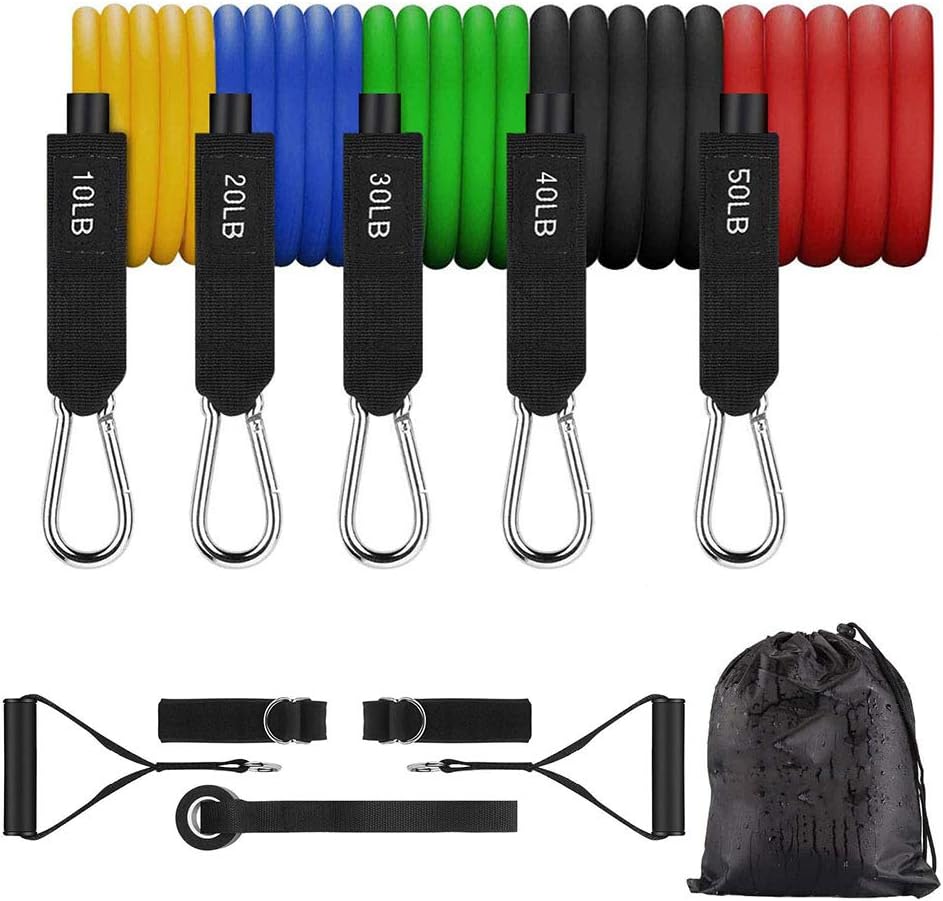 Wosoova Resistance Tube Band Set, Adjustable Up to 150 Lbs (5 Exercise Bands with Door Anchor, Ankle Straps, Carrying Case) Home Workout Pilates Crossfit Strength Fitness Muscular Bodyweight Training